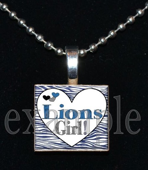 LIONS GIRL Blue, Silver, Black & White Team Mascot Pendant Necklace or Keychain