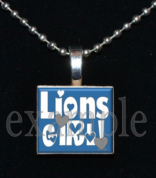 LIONS GIRL Blue, Silver, Black & White Team Mascot Pendant Necklace or Keychain