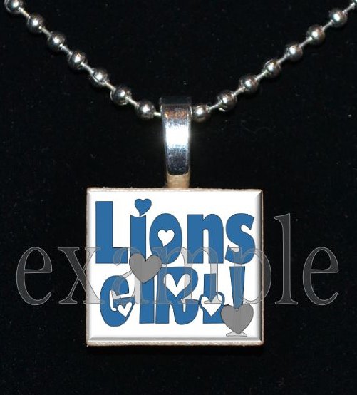 LIONS GIRL Blue, Silver, Black & White Team Mascot Pendant Necklace or Keychain