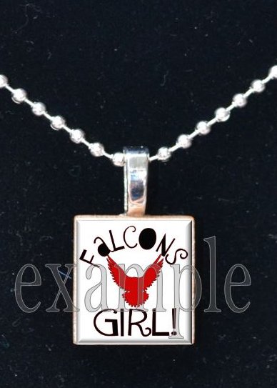 FALCONS GIRL Red, Black & White Team Mascot Pendant Necklace Charm or Keychain