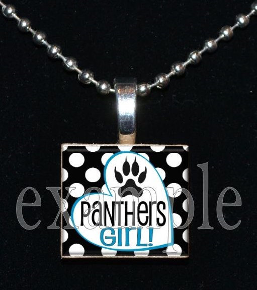 PANTHERS GIRL Black, Blue, Silver & White Team Mascot Pendant Necklace or Keychain