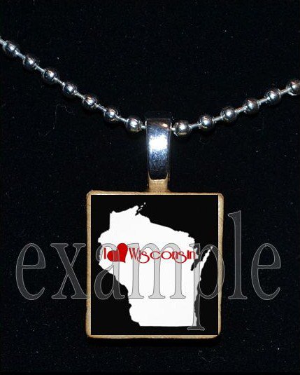 ANY USA STATE Black & White c/ Red Heart Scrabble Necklace Charm Key-chain Gift