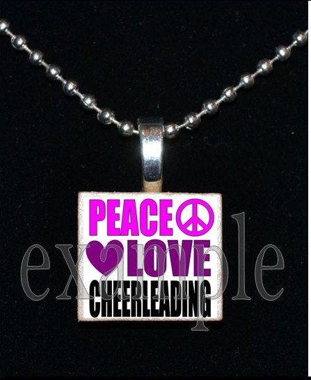PEACE LOVE Cheer Cheerleader Personalized Scrabble Necklace Pendant Charm or Key-chain