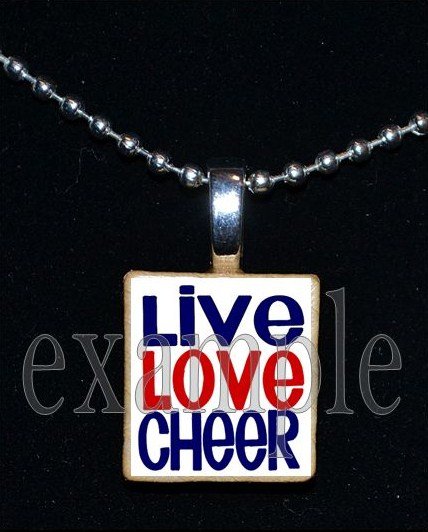 LIVE LOVE Cheer Cheerleader Scrabble Necklace Pendant Charm or Key-chain