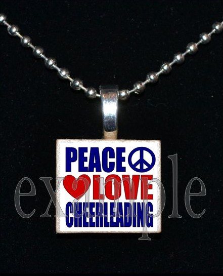 PEACE LOVE Cheer Cheerleader Scrabble Necklace Pendant Charm or Key-chain