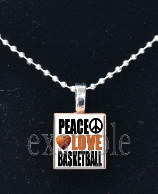 PEACE LOVE BASKETBALL Scrabble Necklace Pendant Charm or Key-chain