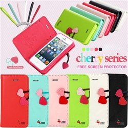 Genuine Cherry Leather Stand Flip Wallet Cute Cover Case For iPhone 5G 5S FREE screen protector