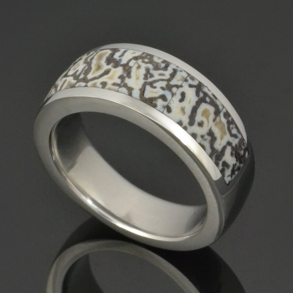 Black and White Dinosaur Bone Ring in Stainless Steel