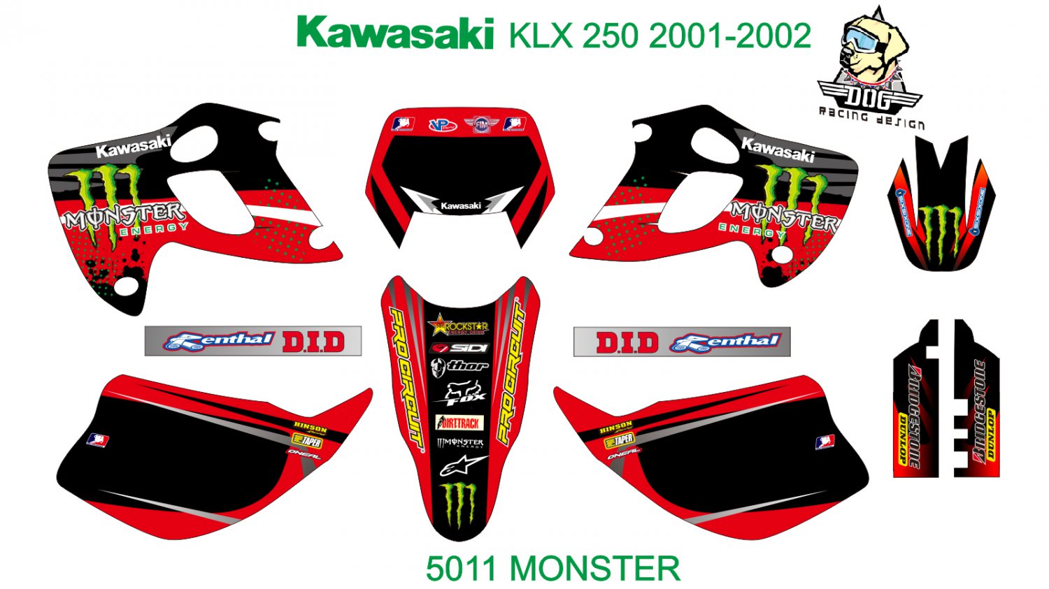 KAWASAKI KLX 250 2001-2002 GRAPHIC DECAL KIT CODE.5011
