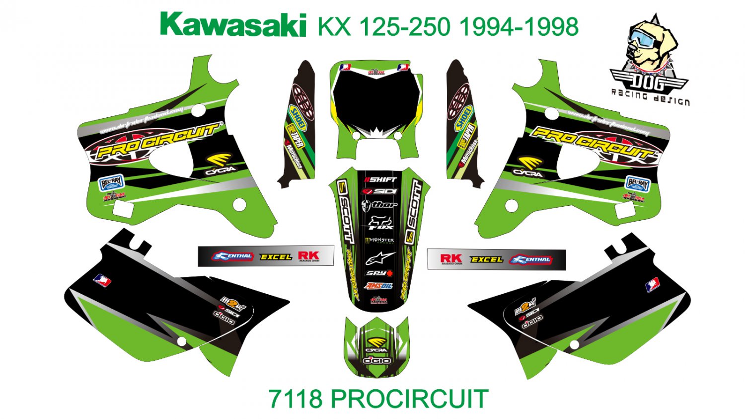 KAWASAKI KX 125-250 1994-1998 GRAPHIC DECAL KIT CODE.7118