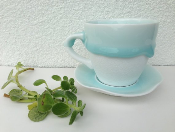 Free Shipping!! Ceramic Cup & Saucer Tea Set in Tiffany blue/ Turquoise -Handmade