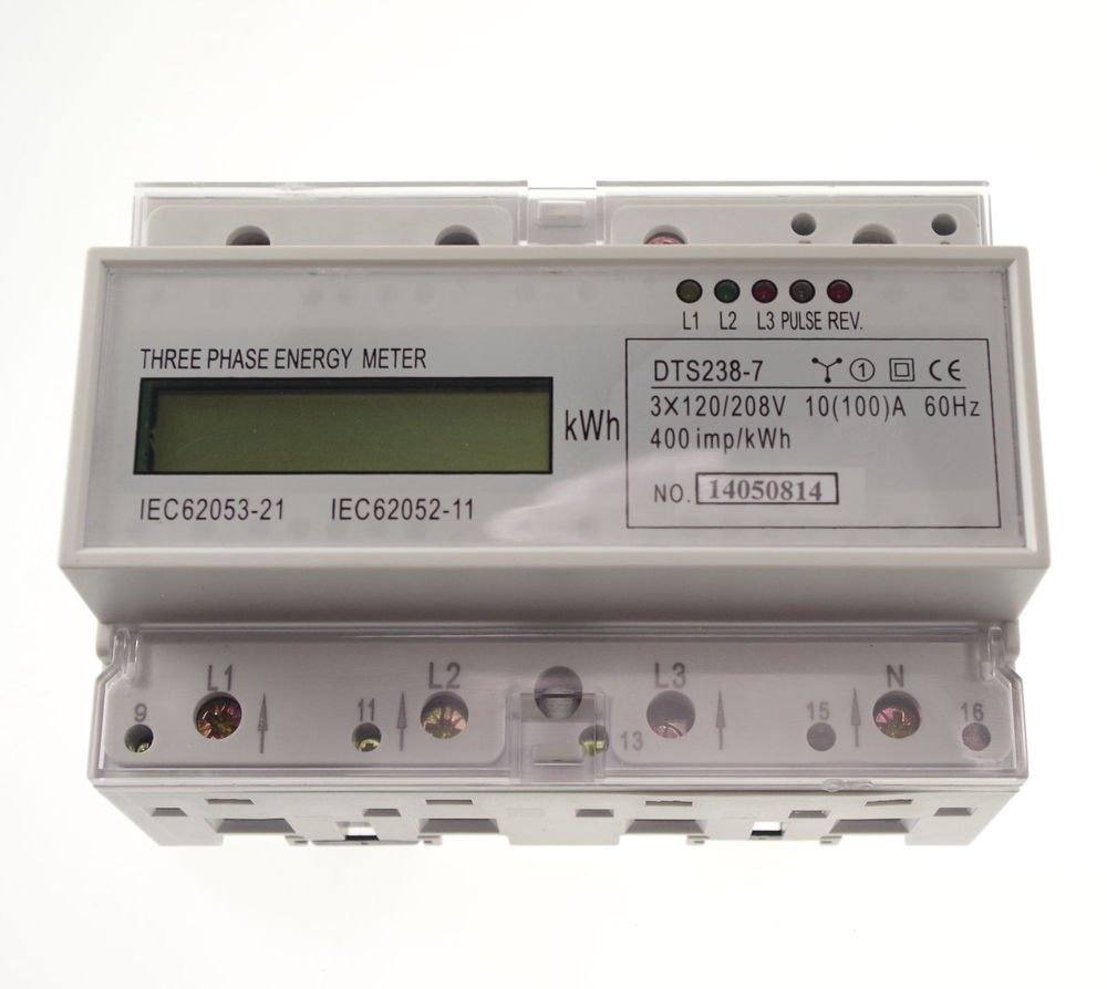 10-100A DIN Rail 120/208VAC 60hz 3 Phase Watt-hour KWH Energy Meter