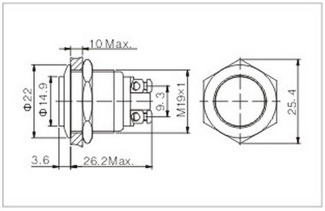 1PCS 19mm OD Stainless Steel Push Button Switch /High Round/Screw Terminals