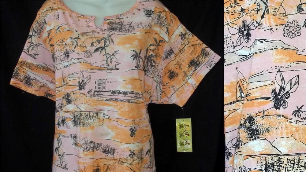 Palm Grove Woman 1X 18W 20W 3X 22WS 24W Pink Orange Beaded Sail Boat Tee Shirt