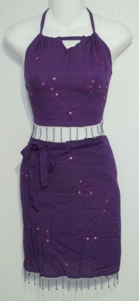 NEW One Size Touch of Bali Rayon 2 Pc Embellished Top Sarong Purple or Green