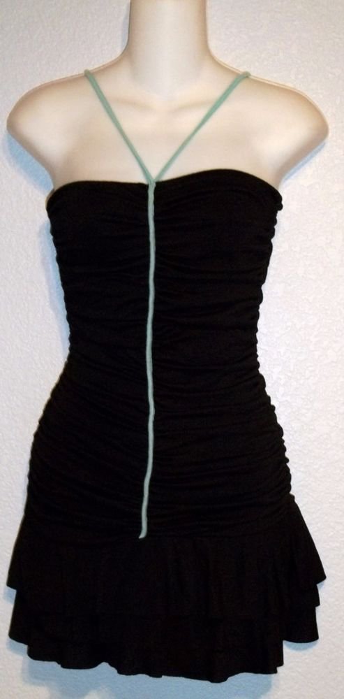 DZ Small 4 6 Black Aqua Halter Ruched Front Mini Clubwear Bodycon Stretch Dress