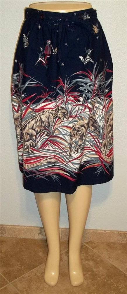 Copley Square Medium 8 10 Vintage '80s Navy Blue Animal Wild Cat Full Skirt