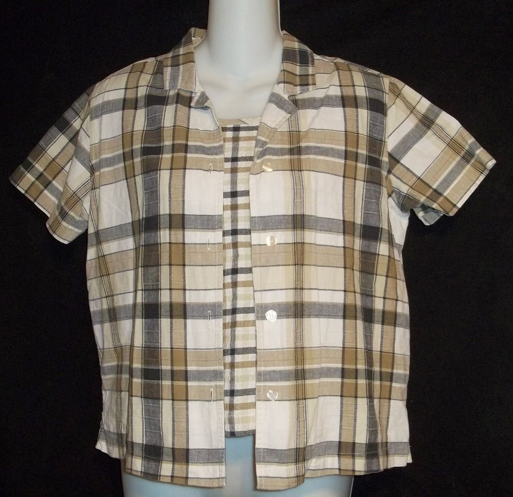Cabin Creek PM 8P 10P Petite Medium 2 Pc Beige Plaid SS Blouse Textured Tank Top