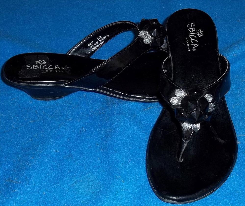 Sbicca 6.5M 6-1/2M Black Patent Low Heel Black Clear Jewels Thong Sandals Shoes