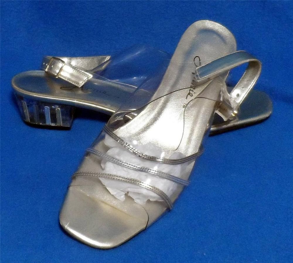 Annie 8-1/2 Medium B Clear Silver Gold Sandals 1-1/2" Heels Sling Back Dressy
