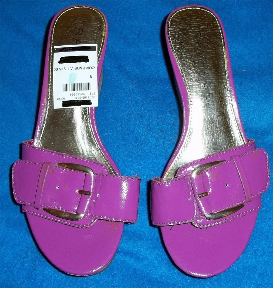 NWOB Rampage Hot Pink Patent Buckle 3" Wedge Cork Mules 8 M B Medium