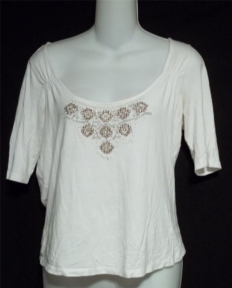 i.e. Medium 8 10 White Scoop Neck 1/2 Sleeve Stretchy Top Blouse Beads Sequins
