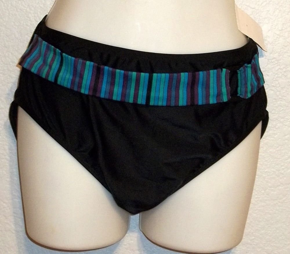 Sun Casuals 14 Large Black Teal Purple Striped Belt Bathing Suit Brief Bottom