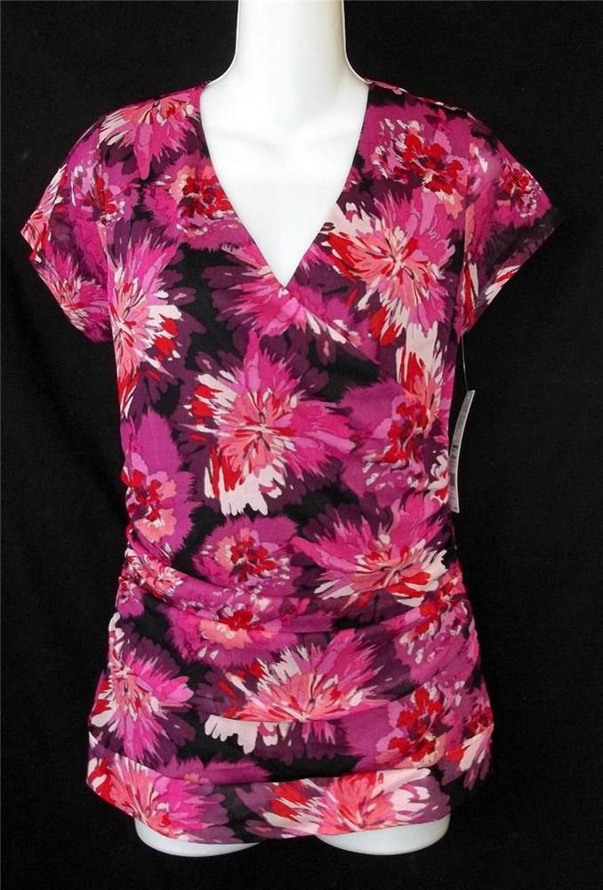 NEW Elle Medium 8 Pink Purple Black Floral Faux Wrap Front Cap Sleeve Blouse