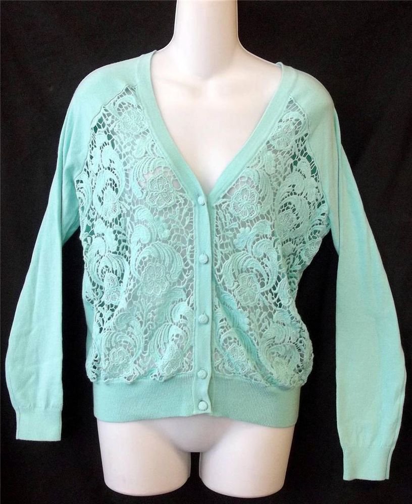 NEW Spense Knits Small 4 6 Seafoam Green Cotton Crocheted LS Cardigan Sweater