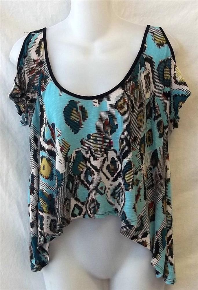Rue 21 Juniors Medium 7 9 Teal Blue Southwestern Cap Sleeve Loose Midriff Blouse