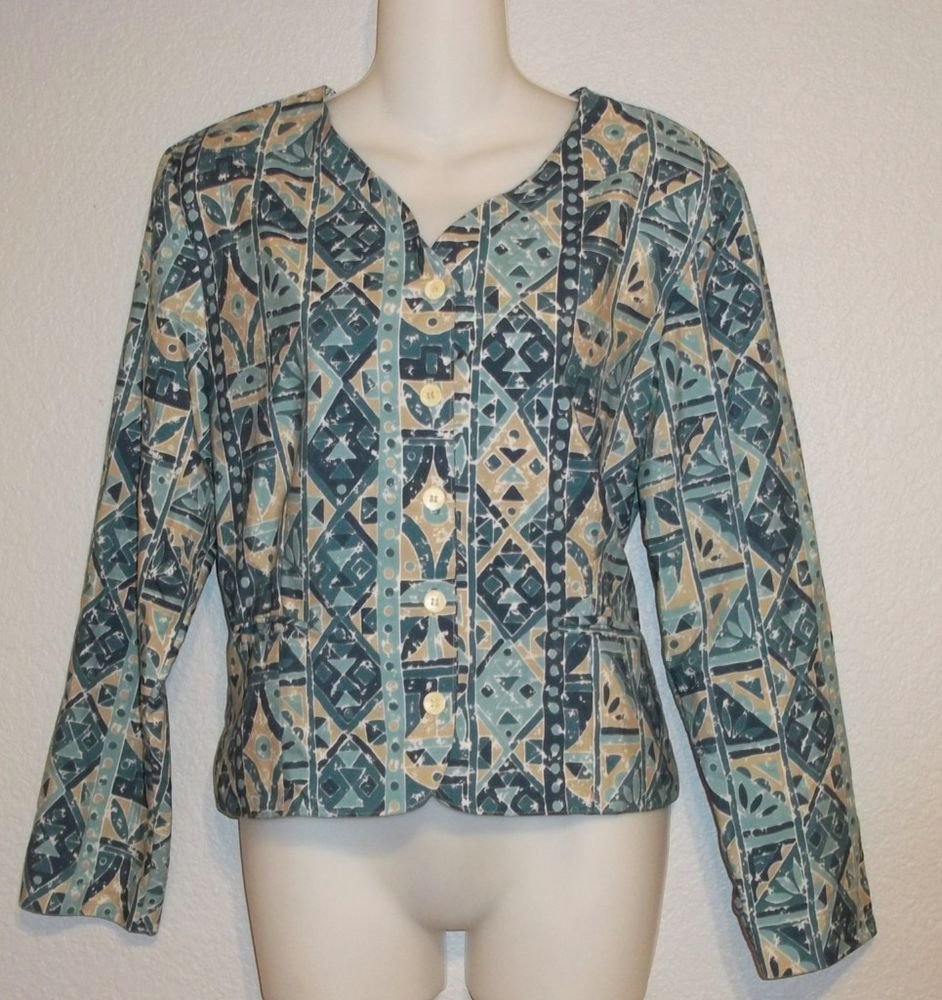 LL Bean 8 Medium Teal Tan Geometric Print Long Sleeve Jacket Blazer Top