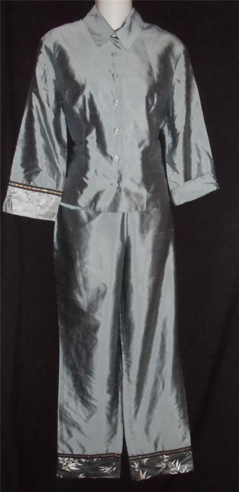 ICE Blue 8 Medium 2 Pc Embellished Pants Top Lounge Hostess Lined Silk Outfit