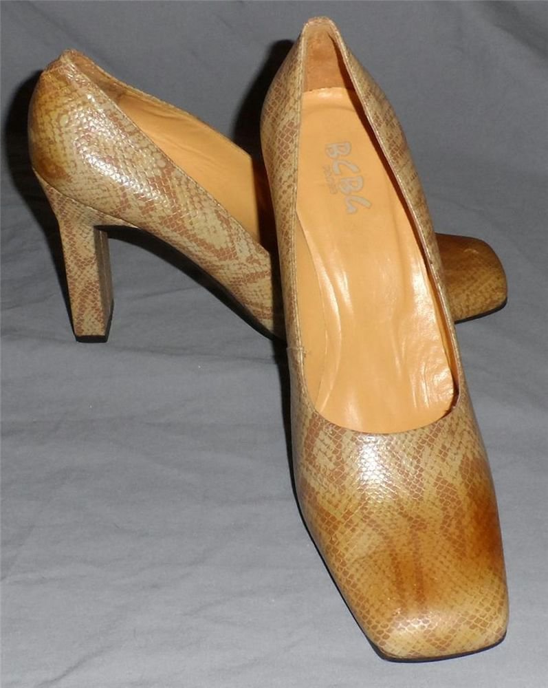 BCBG Paris 10 B Medium 41 Tan Beige Faux Snake Square Toe Rectangle Heel Brazil
