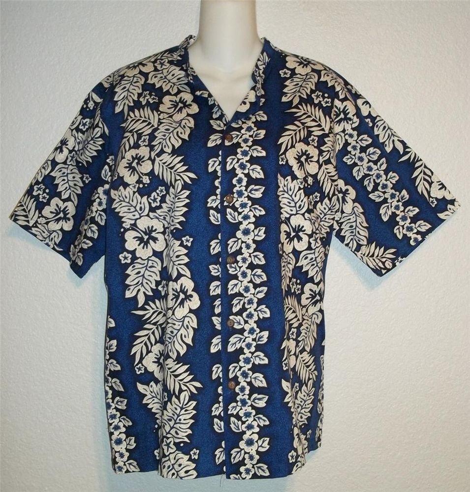 KY's Men's Medium Navy White Hawaiian Floral Short Sleeve Blouse Camp Shirt Top
