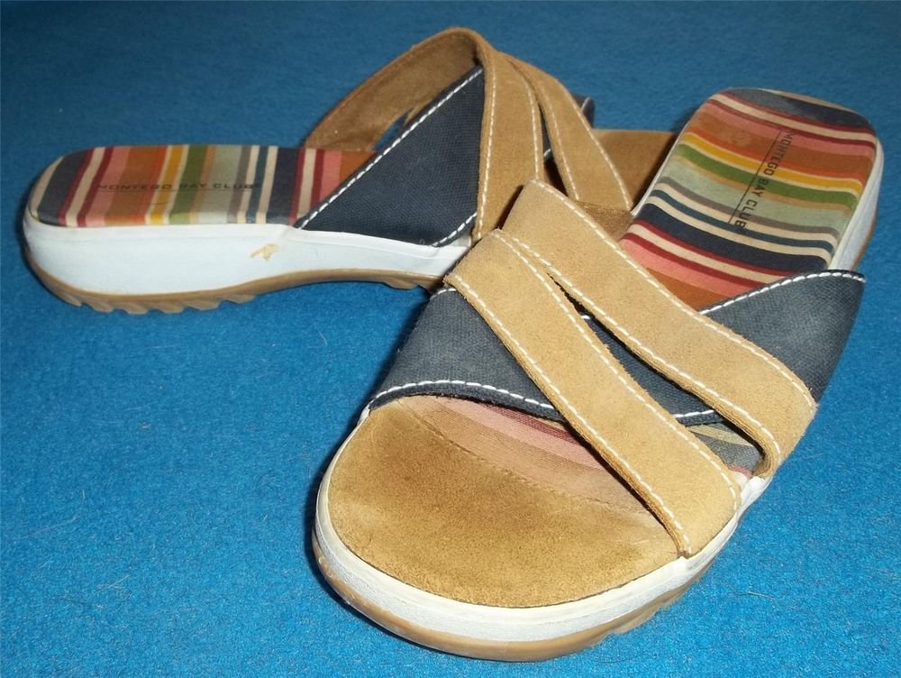 Montego Bay Club 9 Medium B Striped Canvas Suede Leather Slide Sandal 1" Heel