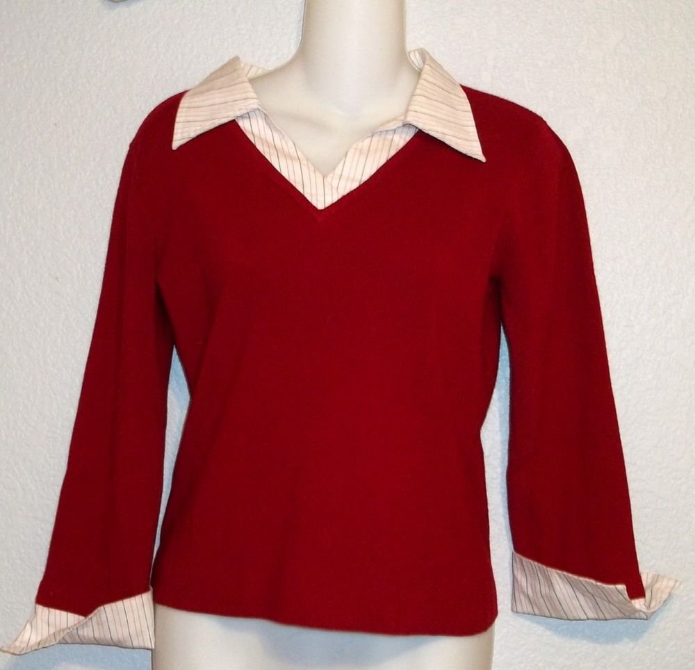 Hillard & Hanson Medium 8 10 Red Sweater Faux Striped Shirt Combo Career