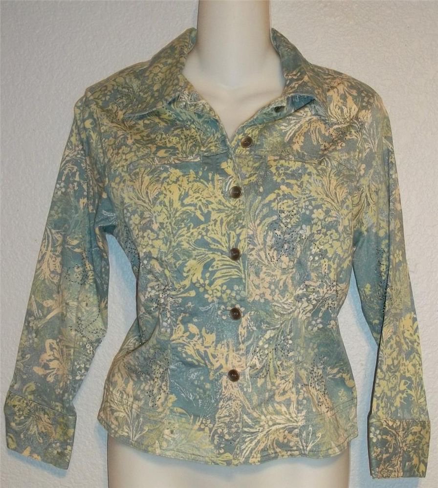 Susan Bristol Small 4 6 Blue Ivory Floral Embellished Short Jean Style Jacket