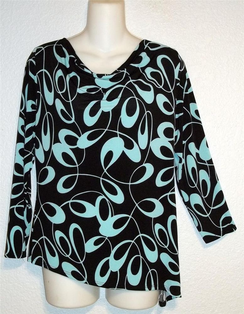 Susan Lawrence Large 12 14 Black Turquoise Asymmetrical Cowell Neck Blouse Top