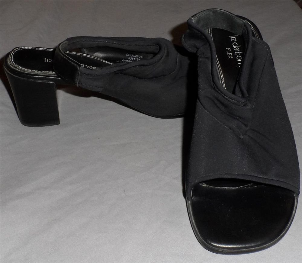 Liz Claiborne Flex 6 Medium B Black Chunk 2-1/2" Heel Sling Back Open Toe Fabric