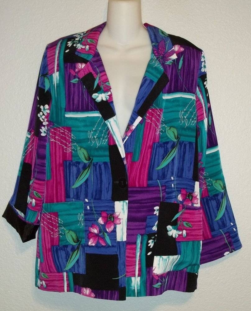 Willow Ridge PM 8P 10P Purples Pink Teal Geometric Single Button Silky Blazer