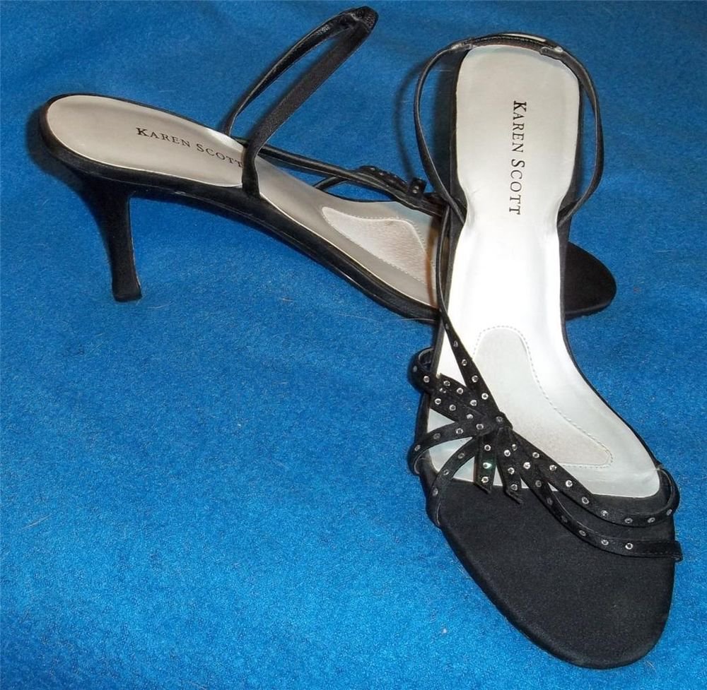 Karen Scott 9-1/2 9.5 M Satiny Black Jeweled Strappy Slingback 3.5" Heels Shoes