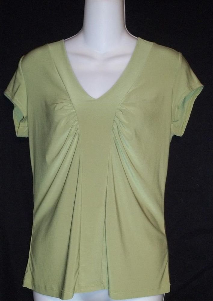 Susan Lawrence Green Short Sleeve Stretchy Top V Neck Ruched Bust Large L 12 14