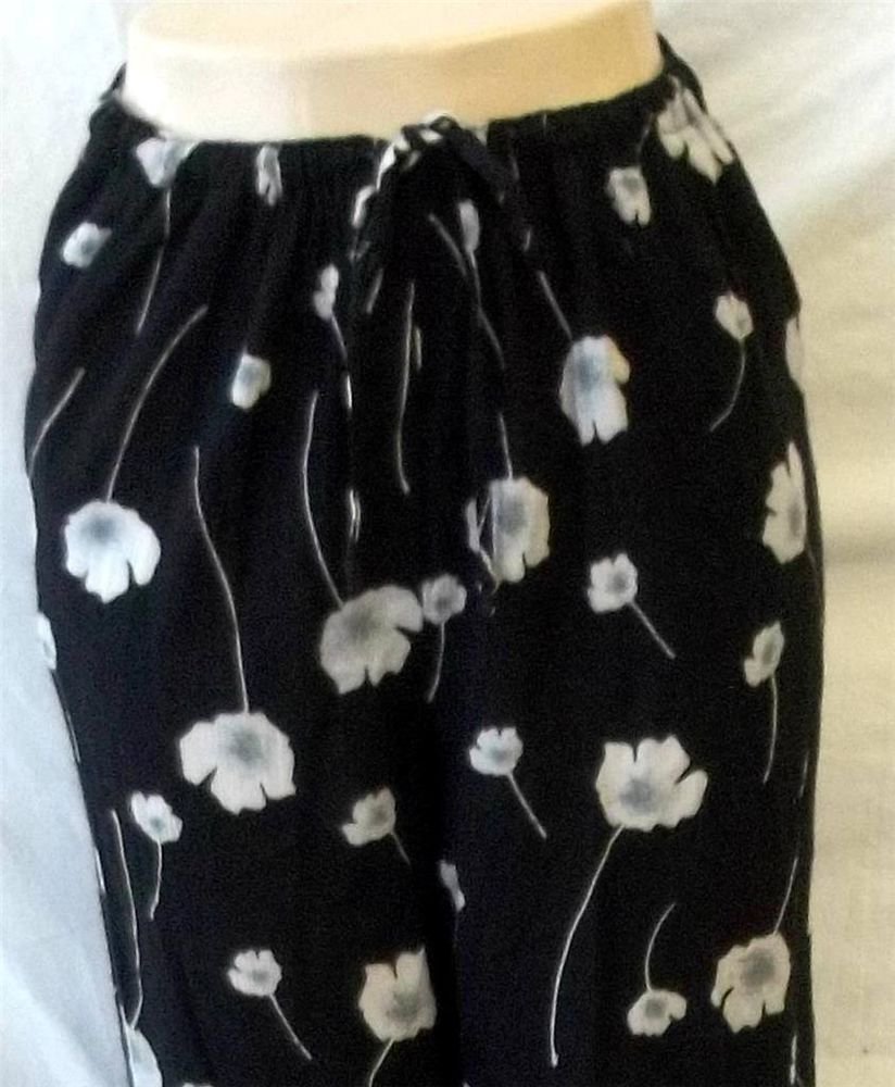 Silverleaf L 12 14 Black White Floral Elastic Drawstring Cropped Boho Pants