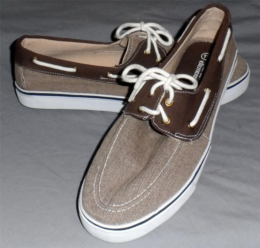NEW ellemenno 11M Light Dark Brown Canvas Fabric White Tie Women's Boat Shoes