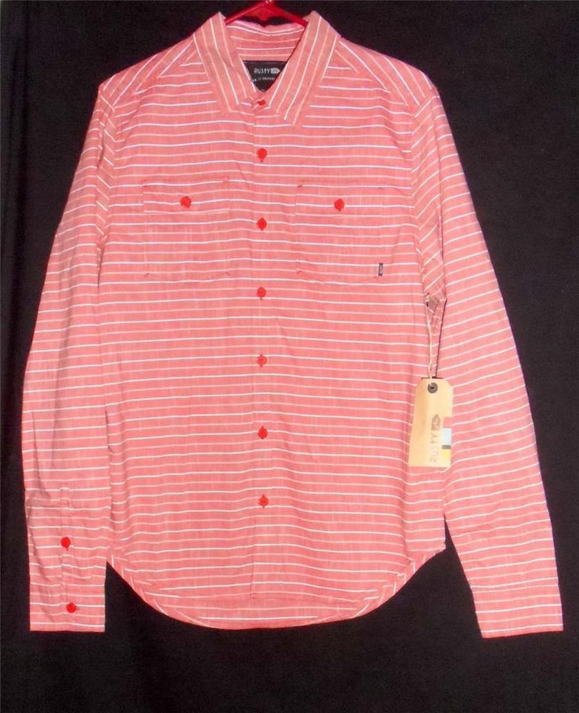 NEW Mens Small Rusty Faded Brick Red White LS Cotton Dress Casual Shirt