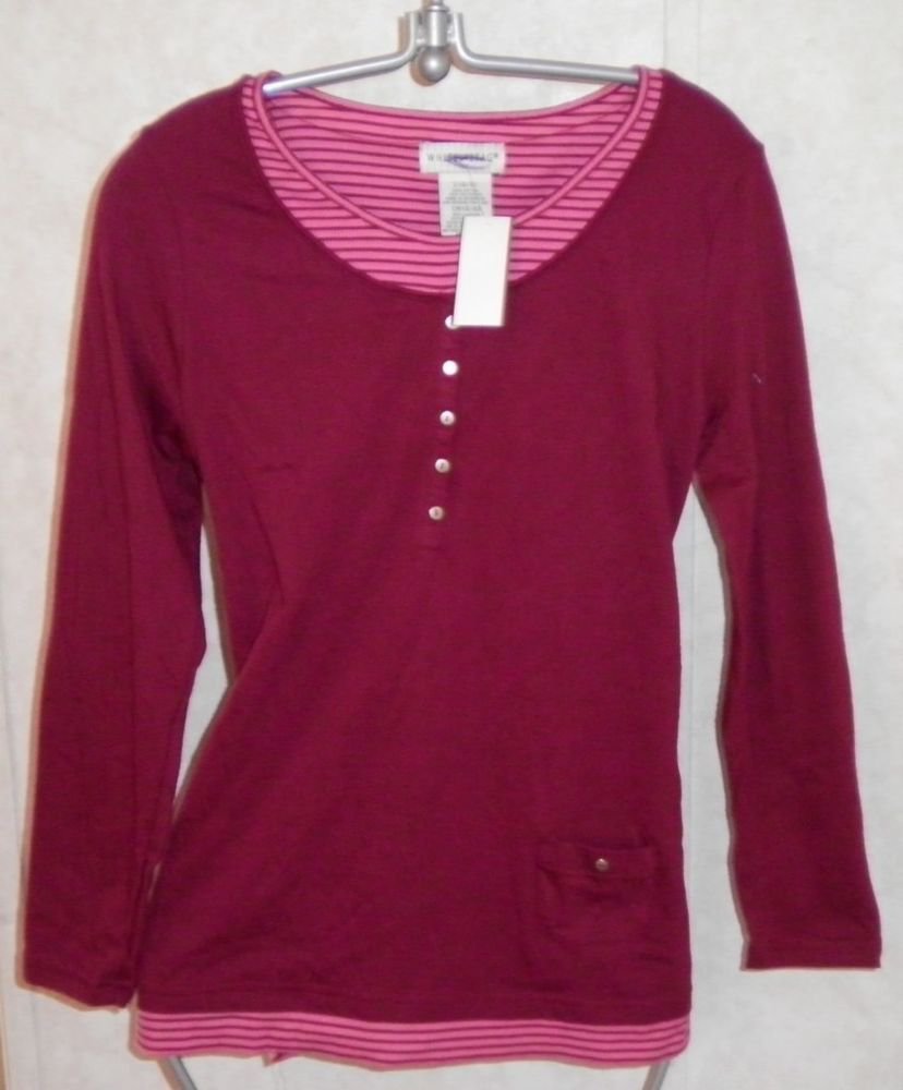 NEW White Stag Burgundy Small 4 Long Sleeve Cotton Blend Knit Faux 2 Piece Top