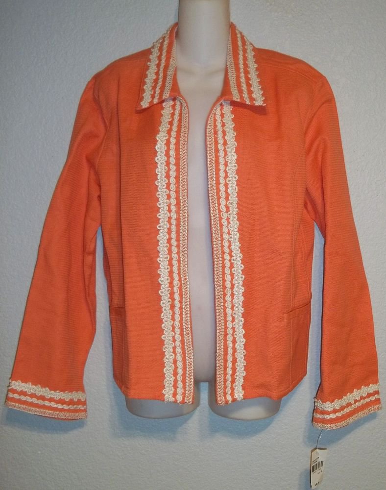 New Norton McNaughton XL 18 Coral White Open Front Embellished Cotton Jacket