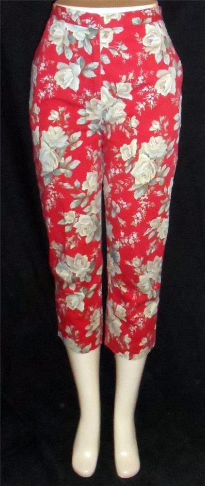 Jones New York Sport 8 Medium Brick Red Light Olive Floral Cotton Cropped Pants