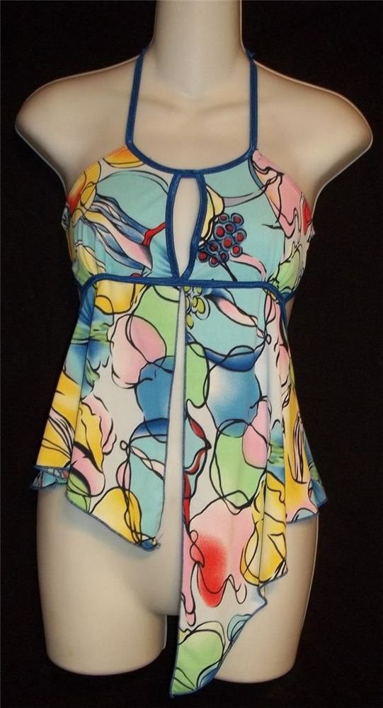 NEW Carolina SEXY Junior Large 11 13 Blue Yellow Aqua Stretchy Halter Top
