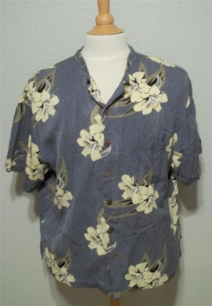Caribbean Joe XL Extra Large 48" Blue Ivory Rayon Short Sleeve Men's Camp Shirt